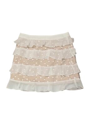 White & Cream Polka Dot Lace Tiered Ruffle Mini Skirt